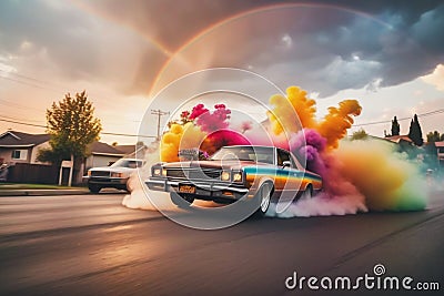 lowrider hispanic suburban carlifornian cultured tuned cars smoking drifting fishtailing in the street Stock Photo