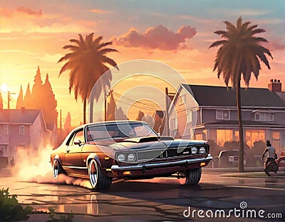 lowrider hispanic suburban carlifornian cultured tuned cars smoking drifting fishtailing in the street Stock Photo
