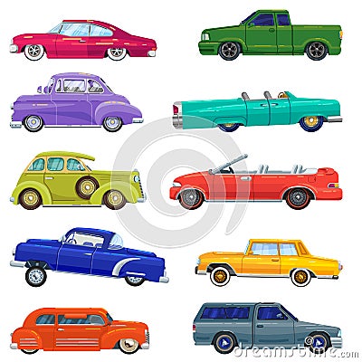 Lowrider tech car retro vintage, old, auto flat style set isolated on white vector illustration. Vector Illustration