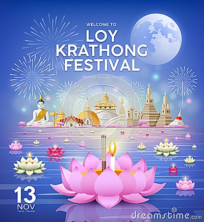 Loy krathong festival, chao phraya river holy place in thailand background Vector Illustration