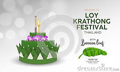 Loy Krathong festival in thailand, banana green leaf material background Vector Illustration