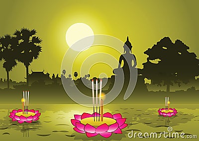 Loy Krathong festival in Thailand,silhouette background Vector Illustration