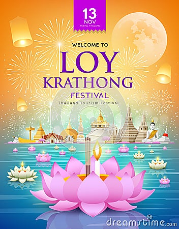 Loy krathong festival travel thailand poster design background Vector Illustration