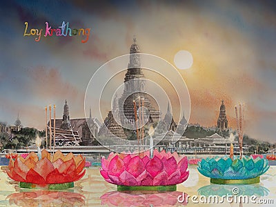 Loy Krathong festival at Wat Arun Temple background. Cartoon Illustration