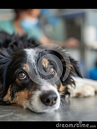 Border collie pet waits on gurney, at vet, for checkup Stock Photo