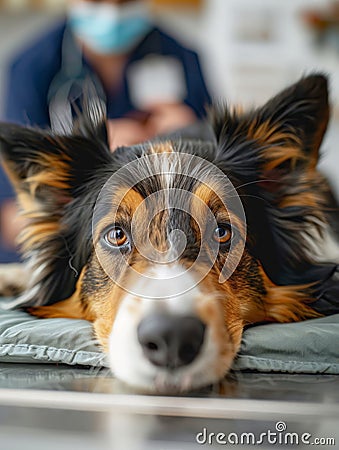 Border collie pet waits on gurney, at vet, for checkup Stock Photo