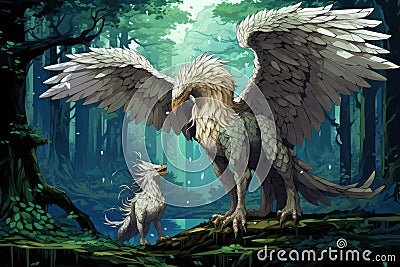 Loyal griffins, majestic creatures with the body of a lion and the wings of an eagle - Generative AI Stock Photo