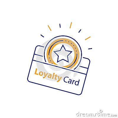 Earn reward, loyalty card, incentive gift, collecting bonus, shopping perks, discount coupon, line icon Vector Illustration