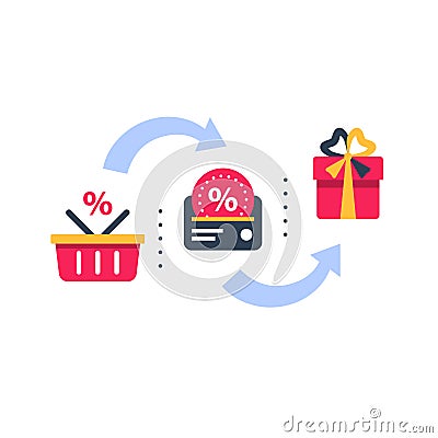 Loyalty card, incentive program vector icon set, earn bonus points for purchase, discount coupon, cash back Vector Illustration