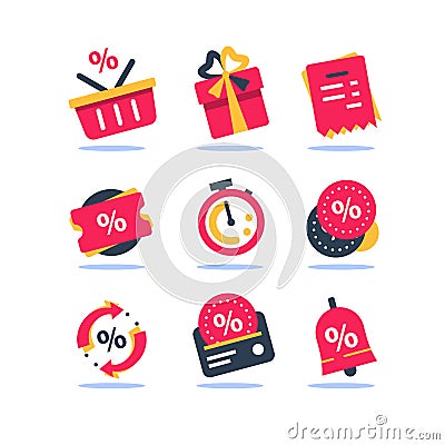Loyalty program icon set, earn bonus points, discount coupon, limited time period, cash back Vector Illustration