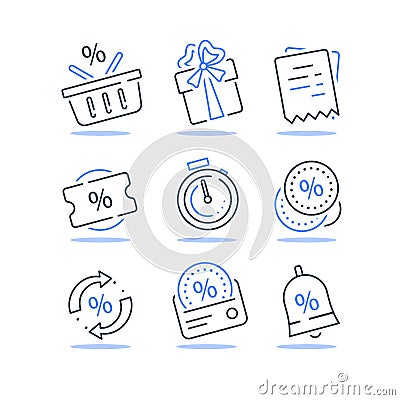 Loyalty program icon set, earn bonus points, discount coupon, limited time period, cash back Vector Illustration