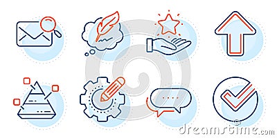 Loyalty program, Copyright chat and Verify icons set. Dots message, Upload and Pyramid chart signs. Vector Vector Illustration