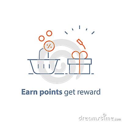 Loyalty program, earn points and get reward, marketing concept, small gift box and shopping basket Vector Illustration