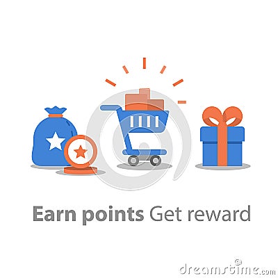 Earn points for purchase, loyalty program, reward concept, full shopping cart, redeem gift Vector Illustration