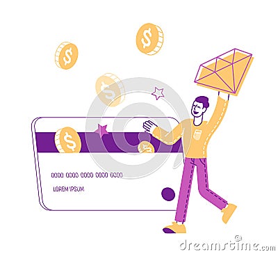 Loyalty Program for Regular Clients Concept. Man Hold Brilliant with Golden Coins and Stars Fall to Huge Plastic Card Vector Illustration