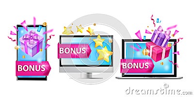 Loyalty program vector illustration, customer bonus reward concept, laptop, smartphone, computer screen. Vector Illustration