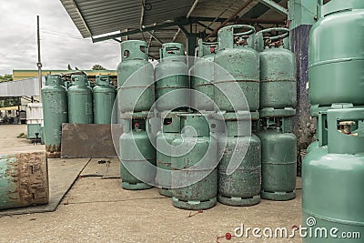 LPG gas bottle stack ready for sell, filling lpg gas bottle Stock Photo