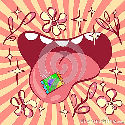 Lsd psychedelic illustration, acid mark on tongue Vector Illustration