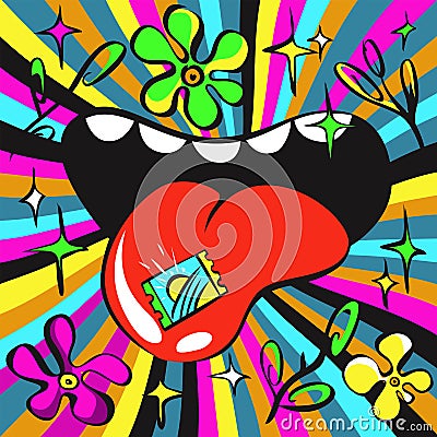 Lsd psychedelic illustration, acid mark on tongue, bright colours Vector Illustration