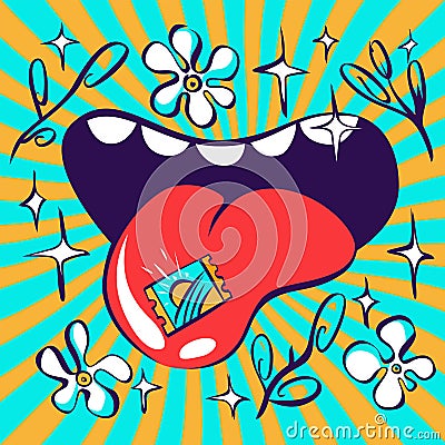 Lsd psychedelic illustration, acid mark on tongue, vivid colours Vector Illustration