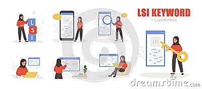 Lsi keyword. Latent Semantic Indexing. Key phrases generator. Set of Vector illustrations in cartoon style. Arabian Vector Illustration