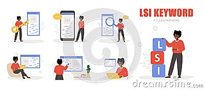 Lsi keyword. Latent Semantic Indexing. Search engine marketing. Set of Vector illustrations in flat cartoon style Vector Illustration