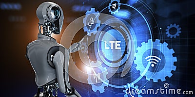LTE Wireless mobile internet concept. 3d render robot pressing virtual button Stock Photo