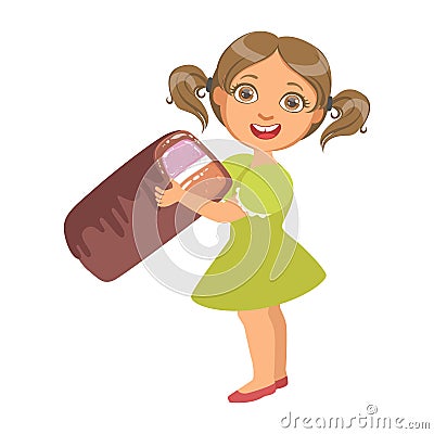 Lttle girl wearing in a green dress holding a big candy, a colorful character Vector Illustration