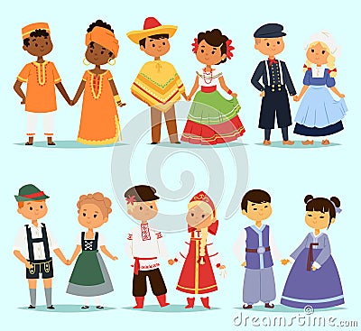 Lttle kids children couples character of world dress girls and boys in different traditional national costumes and cute Vector Illustration