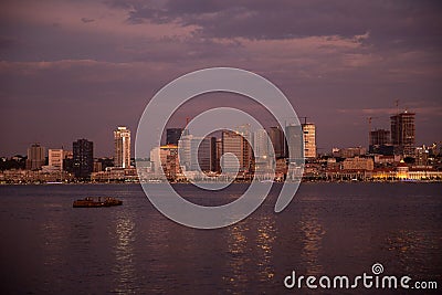 Luanda Bay Skyline by Night, Angola - Cityscape Editorial Stock Photo