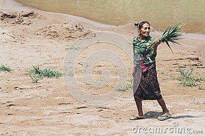 Luang Prabang, Laos - April 2019: Laotian woman carries cane leaves on the riverfront Editorial Stock Photo