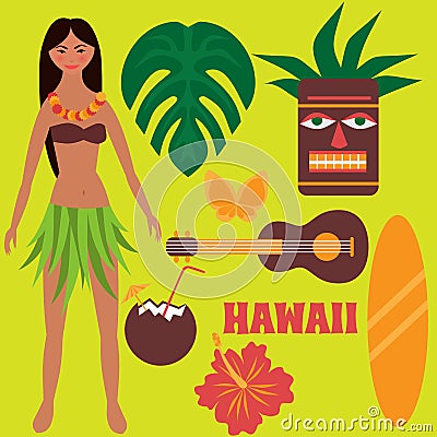 Luau party design elements, tropical rest, time off on Hawaii islands, exotic vacation, summer weekend, Girl dancing hula, hawaiia Stock Photo