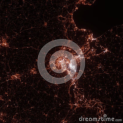 Lubeck city lights map, top view from space. Aerial view on night street lights. Global networking, cyberspace Stock Photo