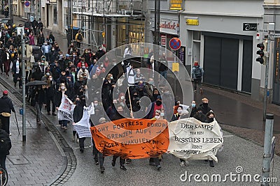 Lubeck, Germany, September 09, 2020: Demonstration march in the streets of Luebeck against the German politics and for Editorial Stock Photo