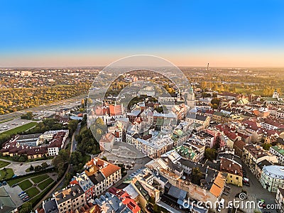 Lublin from the bird`s eye view. Old town from the air with visible Po Po Square and Grodzka Street. Stock Photo