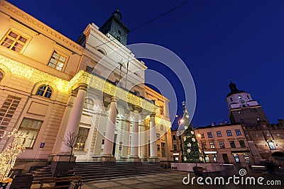 Lublin City Hall and Krakowska Gate Stock Photo