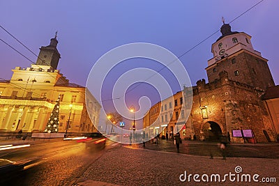 Lublin City Hall and Krakowska Gate Stock Photo