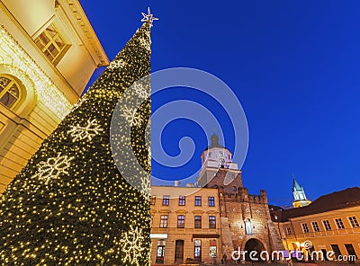 Lublin City Hall and Krakowska Gate Stock Photo