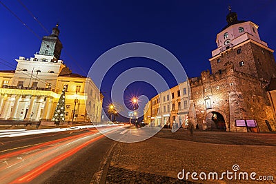 Lublin City Hall and Krakowska Gate Stock Photo