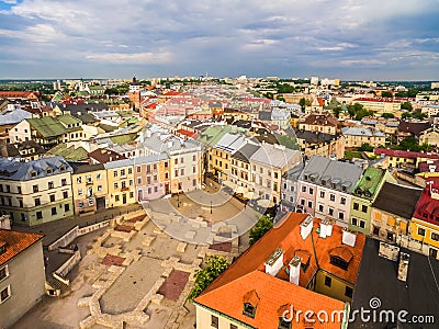 Lublin - old city from the bird`s eye view. View of Po Farze Square and the skyline of Lublin. Stock Photo