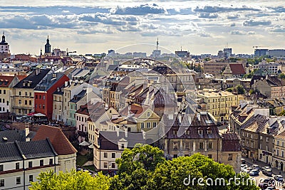 Lublin, Poland - Panoramic view of city center with St. Stanislav Basilica and Trinitarian Tower in historic old town quarter Editorial Stock Photo