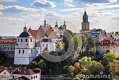 Lublin, Poland - Panoramic view of city center with St. Stanislav Basilica and Trinitarian Tower in historic old town quarter Editorial Stock Photo