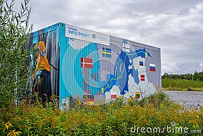 LUBMIN, GERMANY, SEPTEMBER 05, 2020: Info point for nord stream 2 in a painted container in the industrial port of Lubmin, Editorial Stock Photo