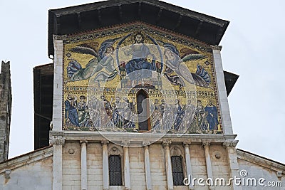 Lucca, Italy: fresco of Basilica of San Frediano closeup on the Piazza San Frediano Stock Photo