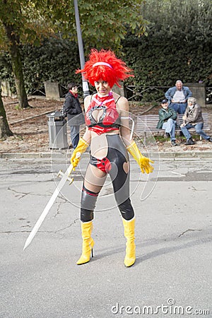 Lucca, Italy - 2018 10 31 : Lucca Comics free cosplay event around city girl with the red wig Editorial Stock Photo