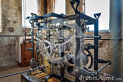 Clock mechanism inside of Torre delle Ore clock tower in Lucca. Italy Editorial Stock Photo