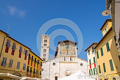 Lucca, Italy, September 14, 2018: Facade of Chiesa di San Frediano catholic church on Piazza San Frediano Editorial Stock Photo