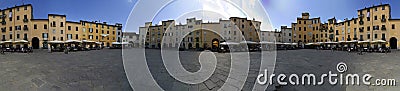 Lucca, Tuscany, Italy. August 2020. Amazing large format panoramic photo of the amphitheater square, historic center. The houses Editorial Stock Photo