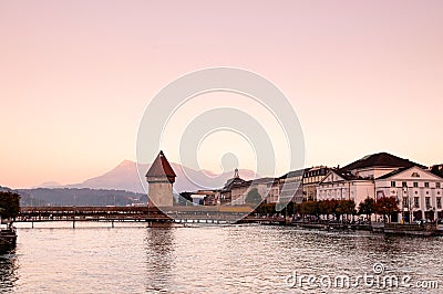 Lucerne Chapel Bridge at sunset and sweet evening sky, Switzerland Stock Photo