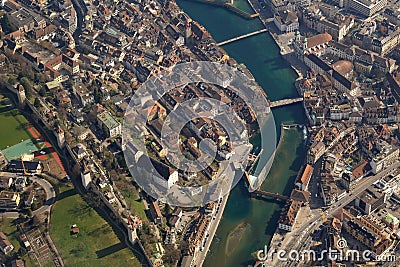 Lucerne Reuss River Luzern Switzerland town City aerial view photography Stock Photo